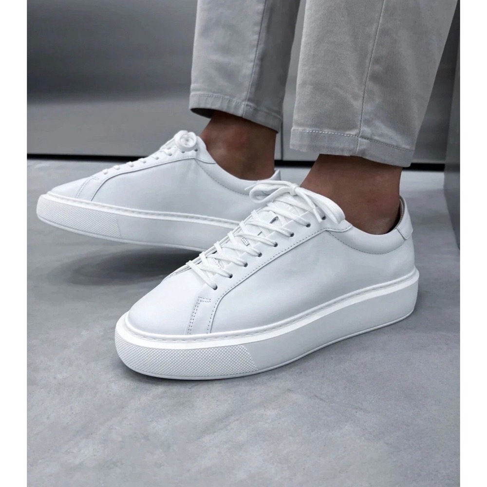 ARNE Leather Sneakers Mens White Minimalist Low Top Trainers Solid Lace Up
